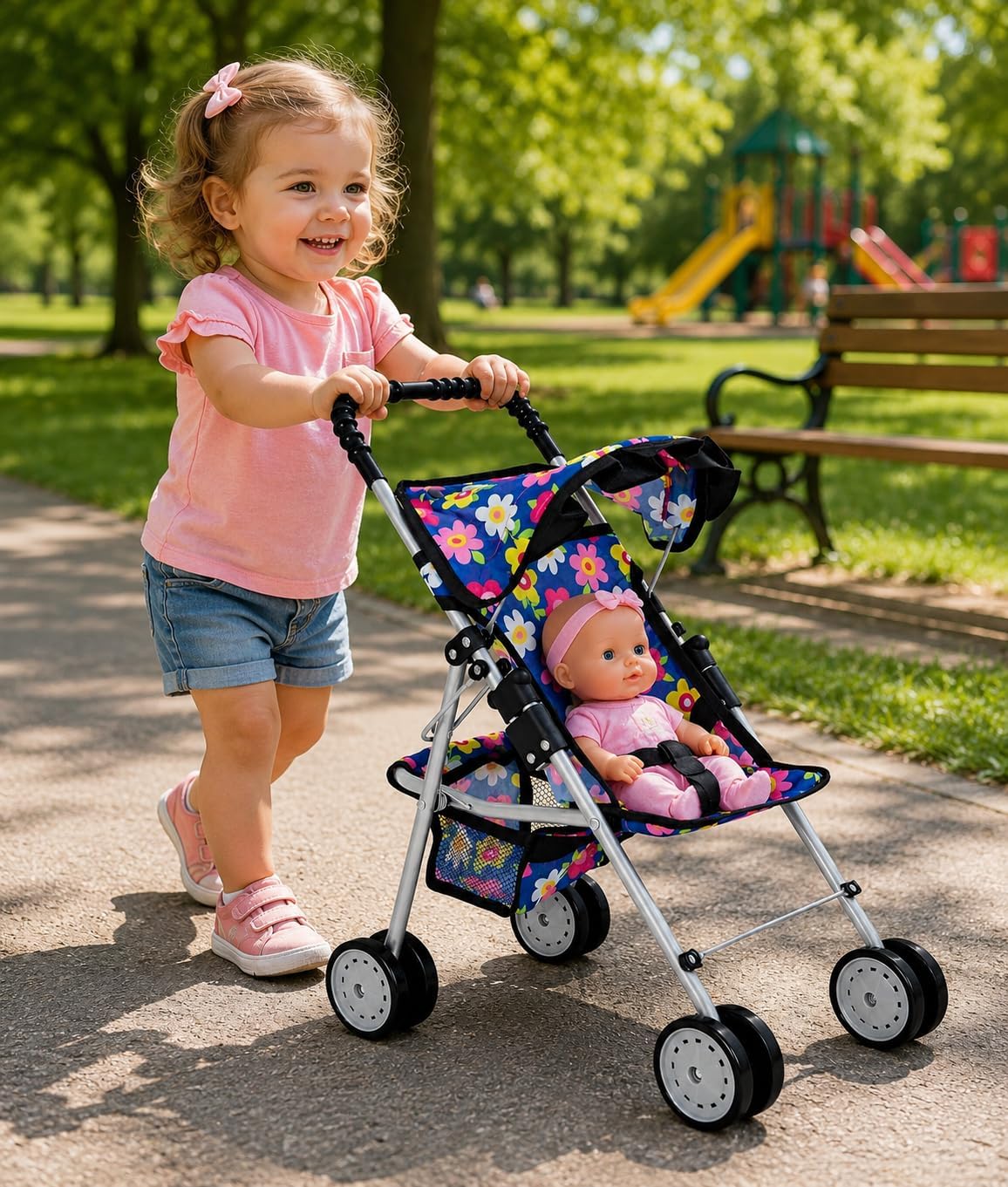 fash n kolor, My First Baby Doll Stroller with Flower Design with Basket in The Bottom- 2 Free Magic Bottles Included