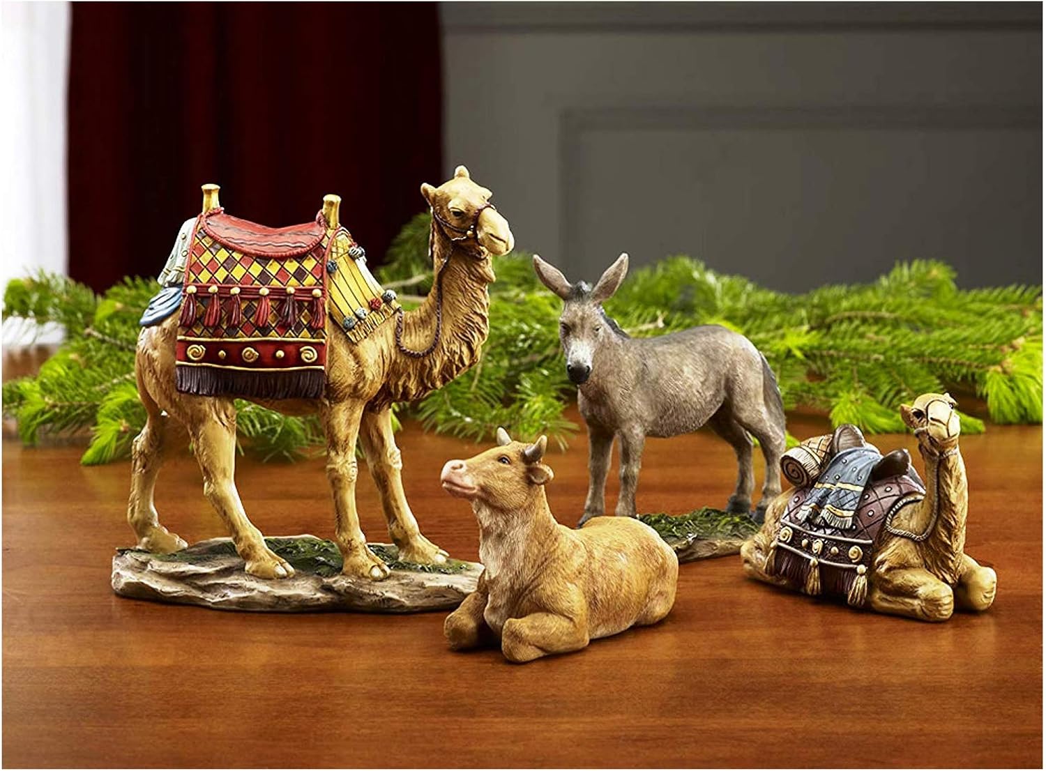 Three Kings Gifts Nativity Animals Set, 4-Piece Polystone Standing and Sitting Camels, Donkey, and Ox Figures, Flat Bottom Base Collectibles for 14-Inch Scale Nativity Scene