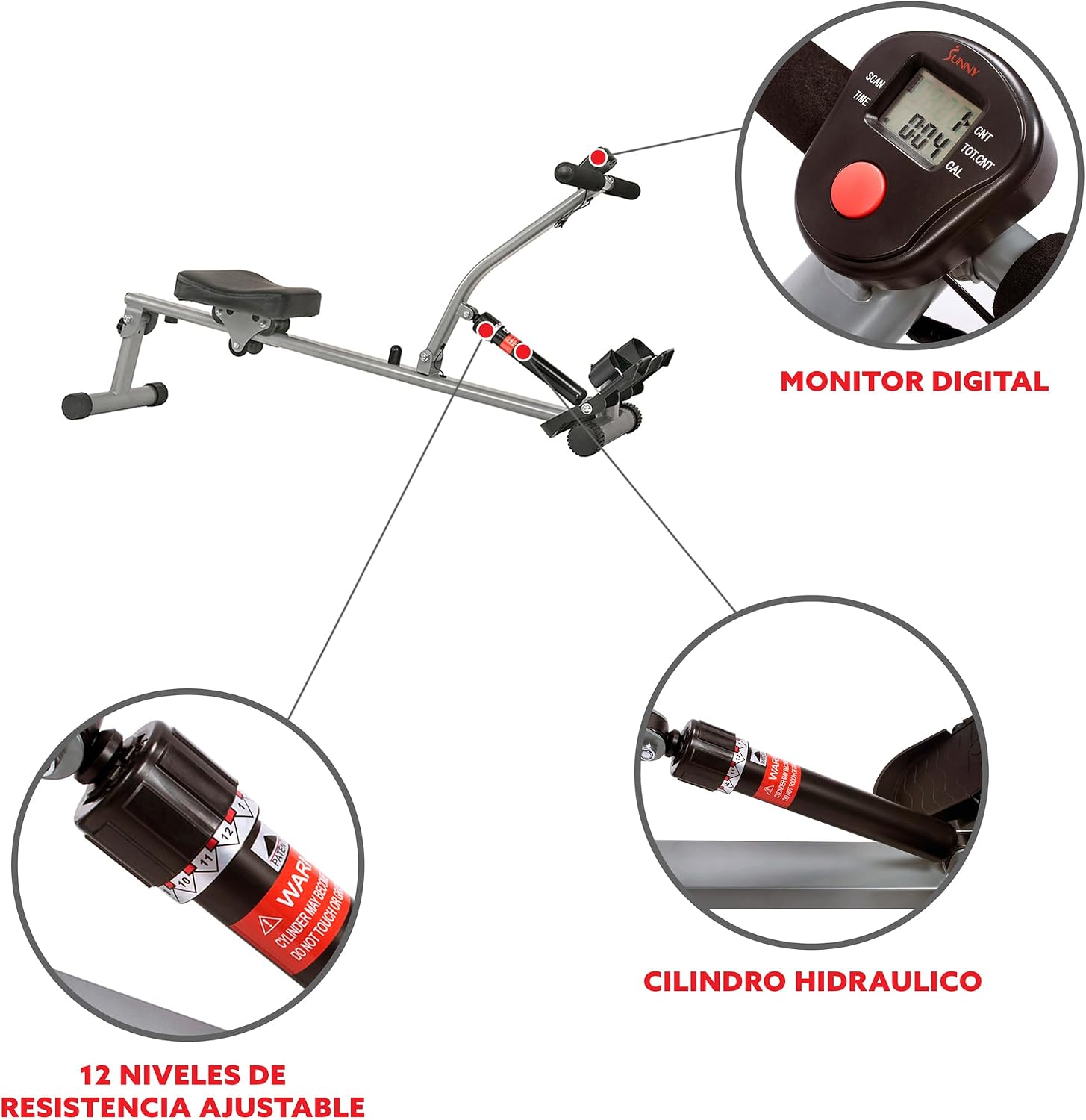 Sunny Health & Fitness Compact Hydraulic Rower with 12-Level Resistance | Full-Body Cardio, Joint-Friendly, Lightweight & Portable, Quiet & Smooth Ride, Easy-Assembly, Free SunnyFit App