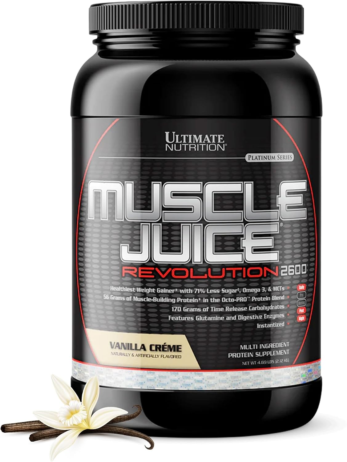 Ultimate Nutrition Muscle Juice Revolution 2600 Weight Gainer, Muscle Recovery with Glutamine, Micellar Casein and Time Release Complex Carbohydrates, Banana Protein Powder, 4.69 Pounds | 70g Octo-PRO™ Protein Blend, 175g Time-Release Carbs, 1000mg Gluta…