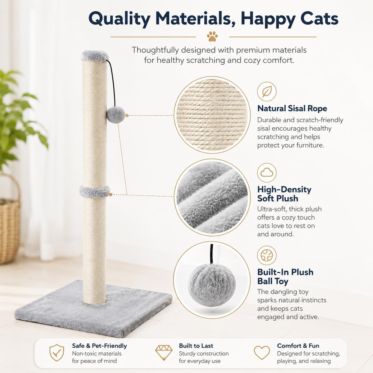 Dimaka 29" Height Tall Cat Scratching Post, Claw Scratcher with Sisal Rope and Covered with Soft Smooth Plush, Vertical Scratch [Full Strectch] for Standard Size Cats(Grey, 29 inches for All Cats)