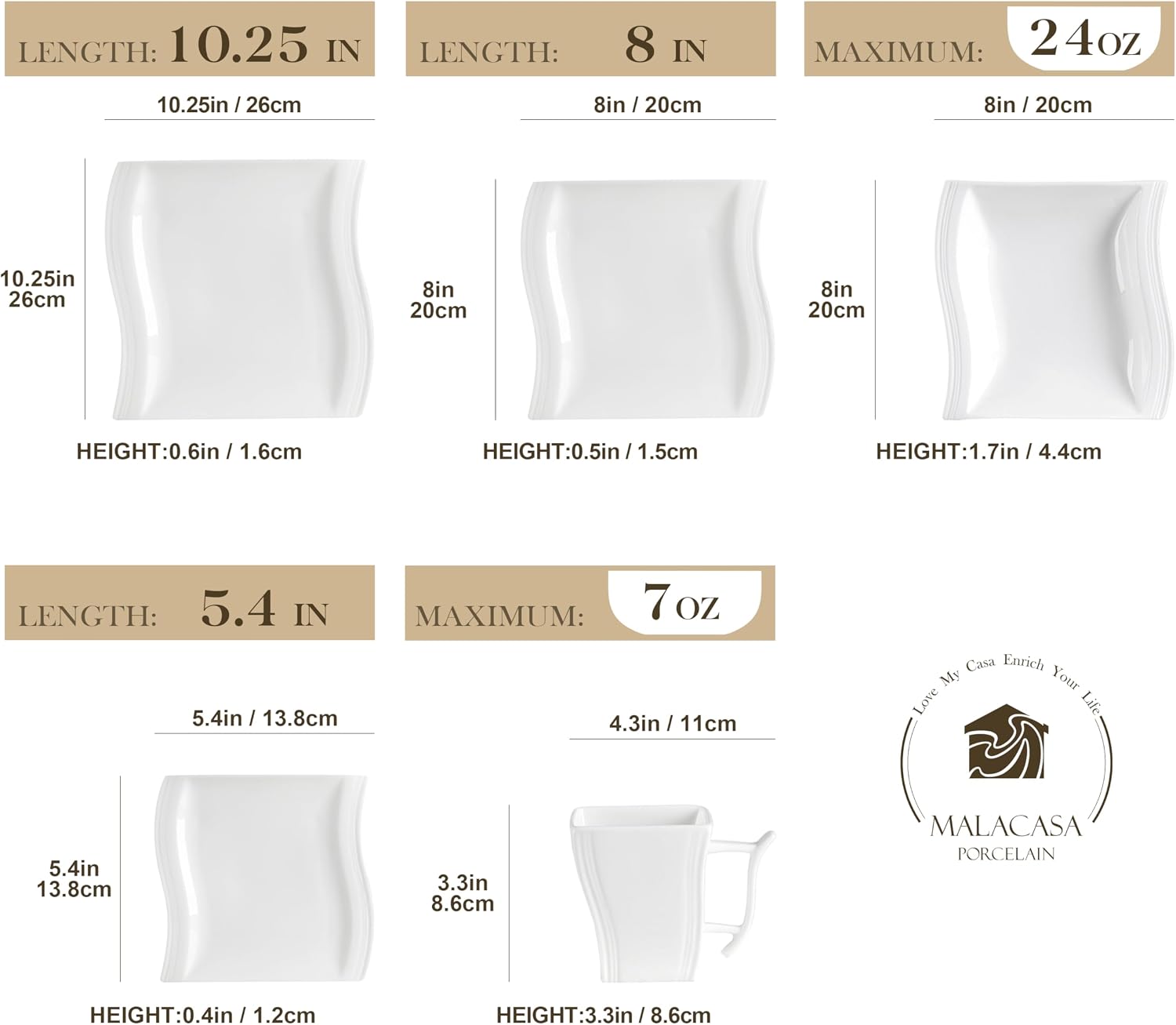 MALACASA Plates and Bowls Sets, 26 Pieces Ivory White Porcelain Dinnerware Sets without Mugs, Square Dinnerware with Dinner Plates, Bowls and Serving Platters, Modern Dish Set for 6, Series Flora