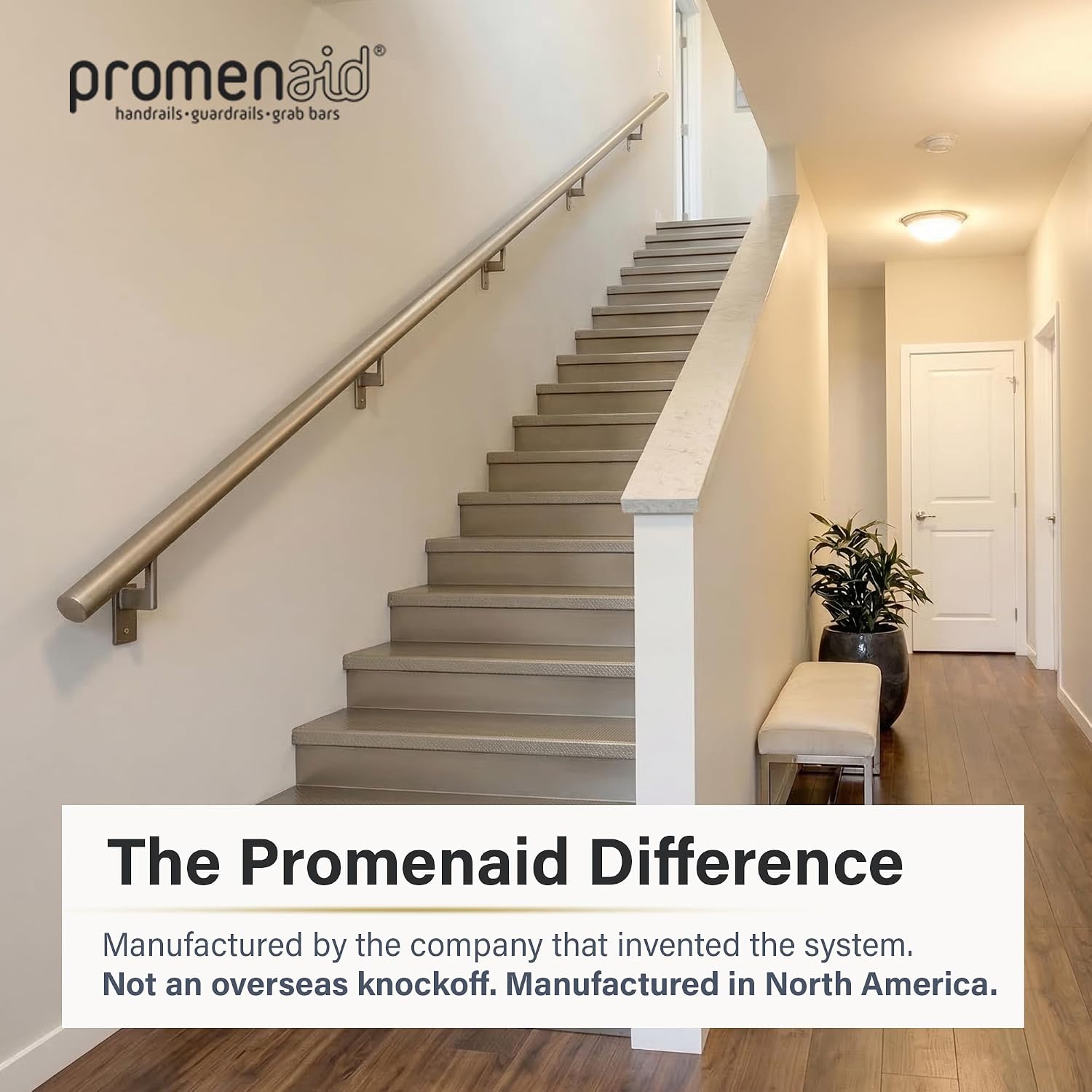 Promenaid Silver 3ft Flush Handrail Kit - Complete Indoor/Outdoor Stair Handrail - Modern 1.6" Round Satin-Anodized Aluminum Railing with 2 Silver