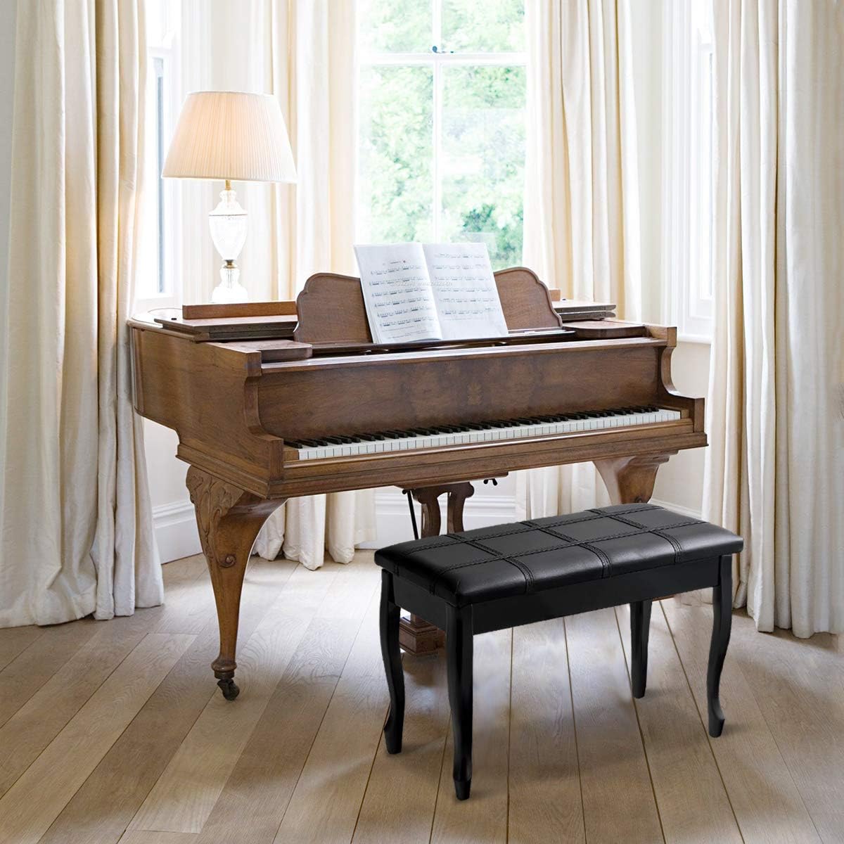 GOFLAME Piano Bench Stool with Padded Cushion and Music Storage, Heavy Duty Piano Duet Seat with PU Leather Padded Seat and Solid Wooden Legs