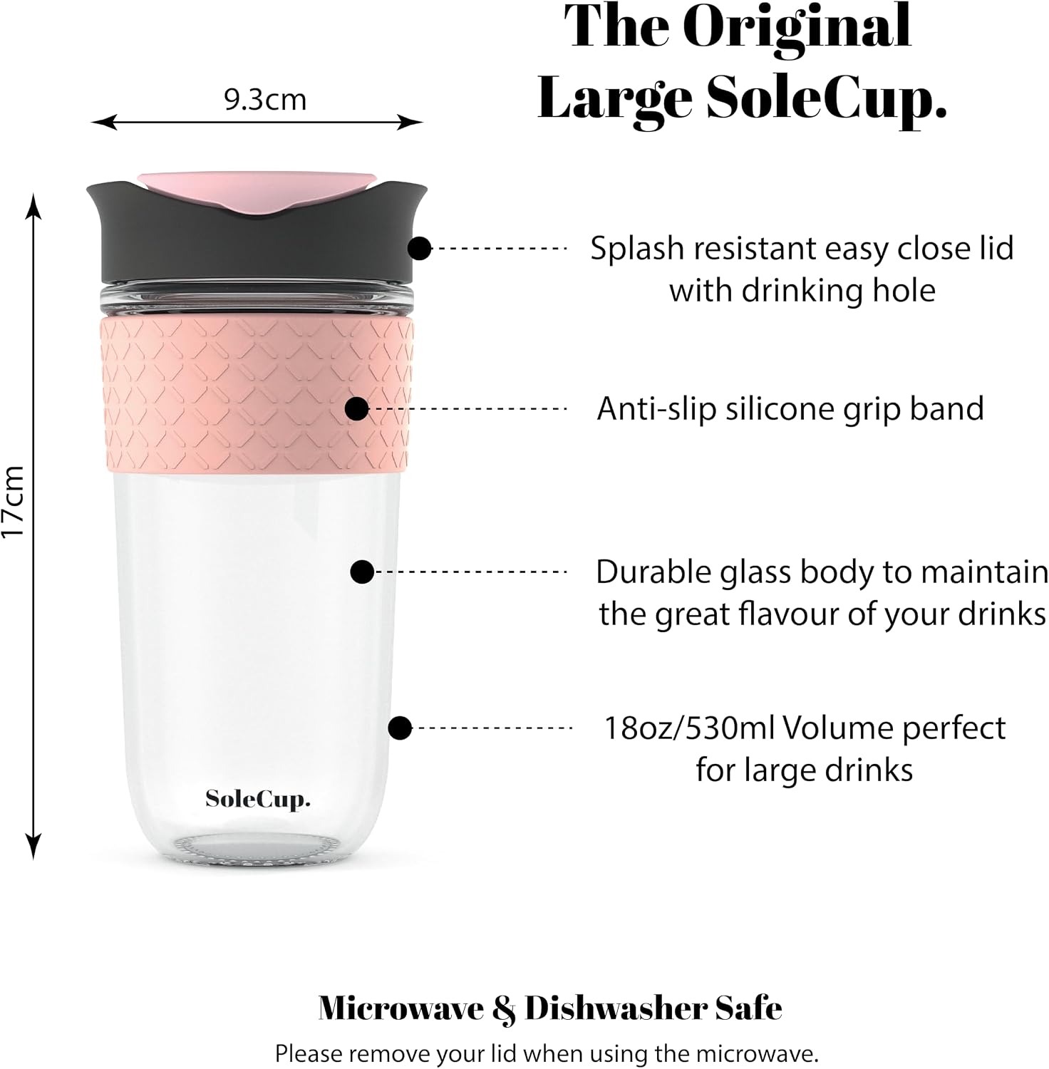 Large Travel Mug - Reusable Glass Coffee Mug - 18oz/530ml BPA-Free Hot Drink Travel Mug with Lid & Silicone Band (Black, 18oz)