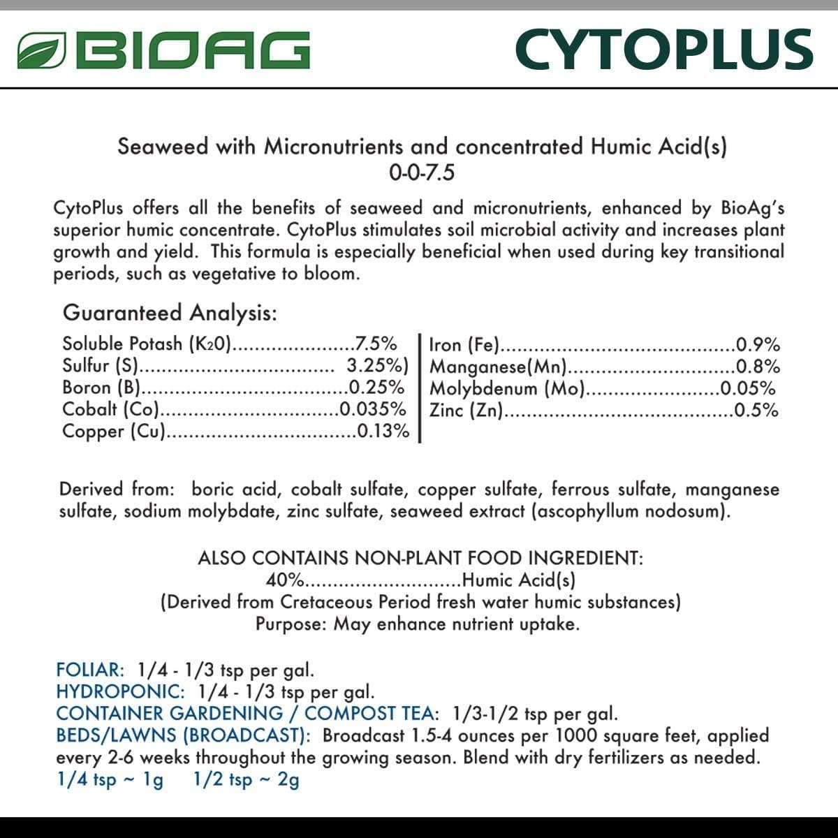 BioAg CytoPlus Organic Humic Acid Plus Seaweed Extract, Essential Micronutrients, Soil Amendment for All Plants