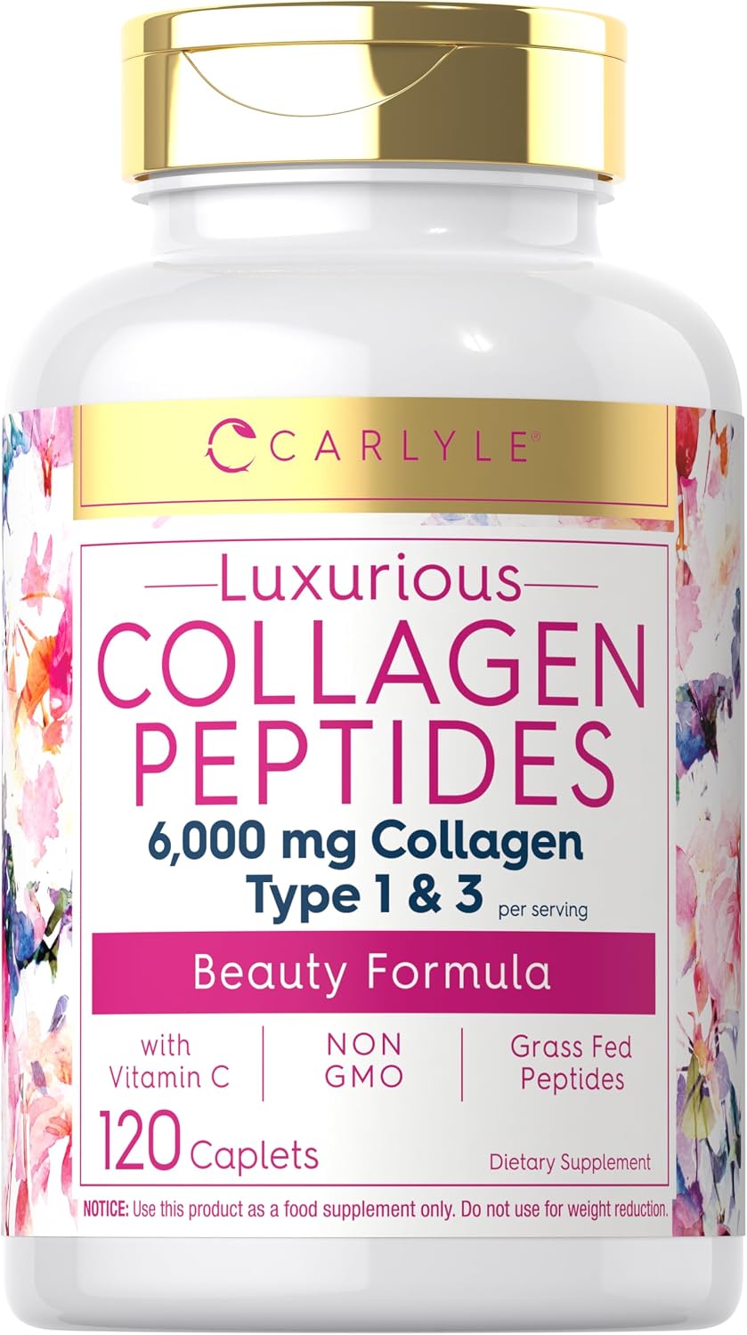 Carlyle Collagen Peptides with Vitamin C | 6000mg | 120 Caplets | Grass Fed Type I & III | Beauty Formula | Non-GMO, Gluten Free Supplement