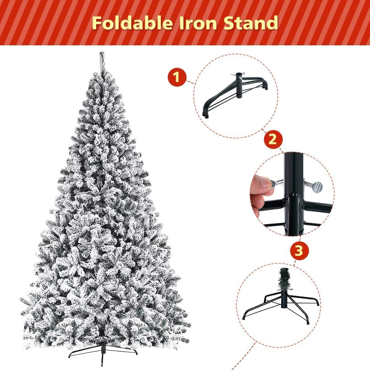 ReunionG 7.5FT Snow Christmas Tree, Artificial Flocked Hinged Pine Tree, Holiday Decoration Tree with Premium PVC Needles and Solid Metal Stand