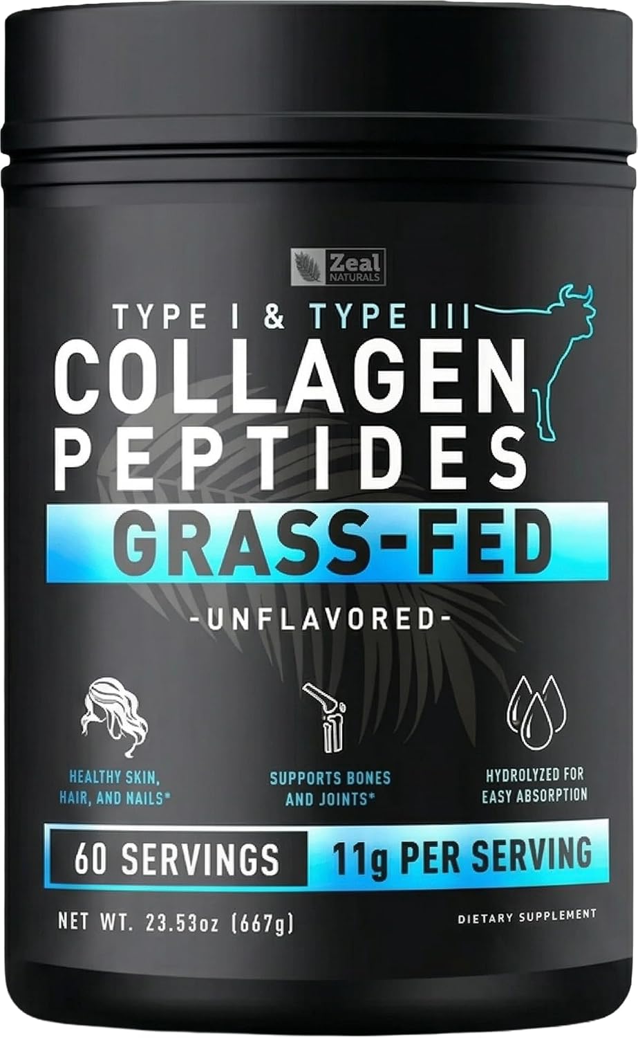Zeal Naturals Hydrolyzed Collagen Peptides Powder, 10g Protein | Grass-Fed Collagen for Women & Men | Essential Amino Acids | Hair, Skin, Nails