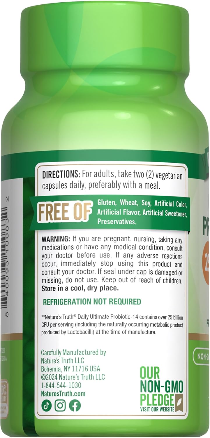 Nature's Truth Probiotics for Men and Women | 25 Billion CFU | 60 Capsules | 14 Strains | Non-GMO & Gluten Free Digestive Health Supplement | 14