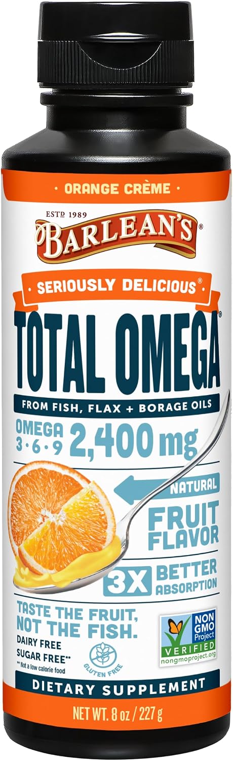 Barlean's Total Omega 3 6 9 Orange Crème Liquid Fish Oil Supplement with Borage and Flaxseed Oil, 2,400 mg of Omegas EPA and DHA Plus GLA for Joint and Heart Health, 8 oz | Fish, borage & flax oils, EPA DHA ALA GLA omegas, Burpless, Non-GMO, Gluten-free,…