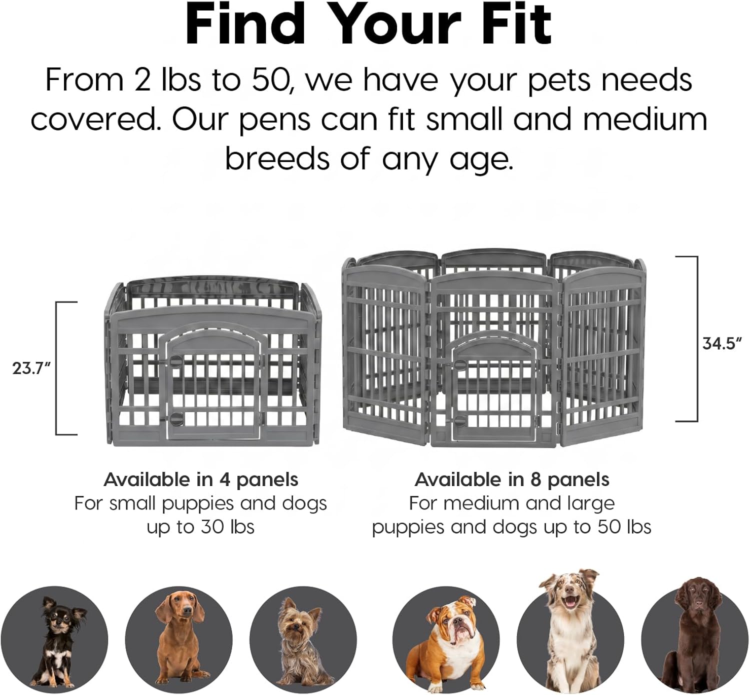 IRIS USA 4-Panel Dog Playpen, Pet Enclosure, Black | Pet Containment, Configurable Layout, Multi-Shape Setup, Custom Pen Configuration, Stable Non-Tip Base, Tool-Free Assembly