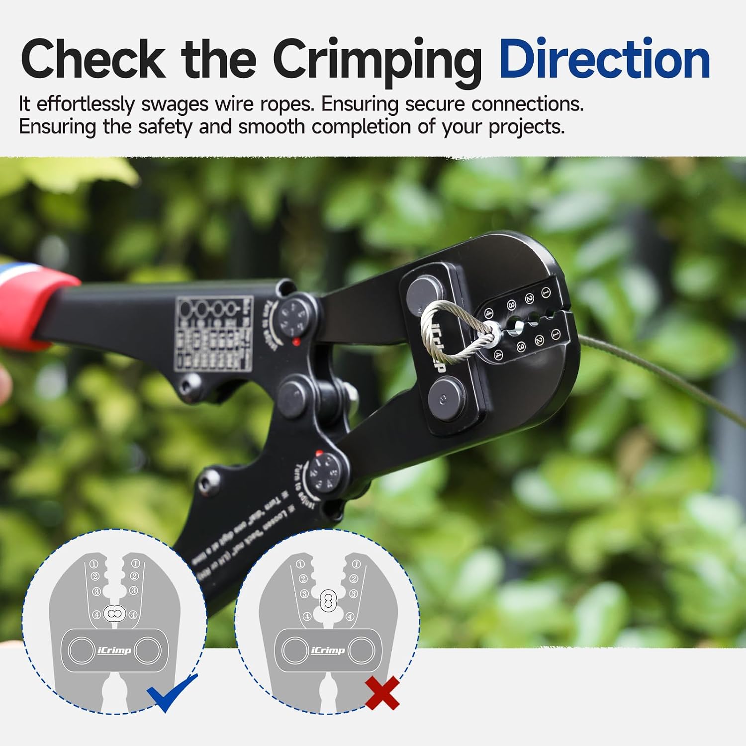 iCrimp IWS-1608M4 Wire Rope Crimper 3/64" to 1/8" 4 Dies | High carbon steel swaging tool for aluminum oval, double-barrel & annealed copper sleeves; ideal for railing, cable & fishing