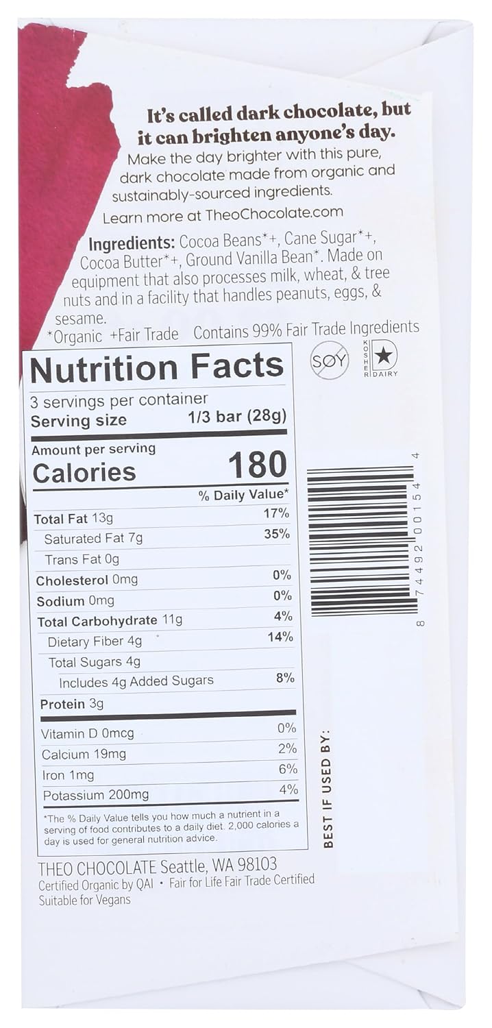 Theo Pure Organic Dark Chocolate Bar, 85% Cacao, 1 Bar | Vegan, Fair Trade