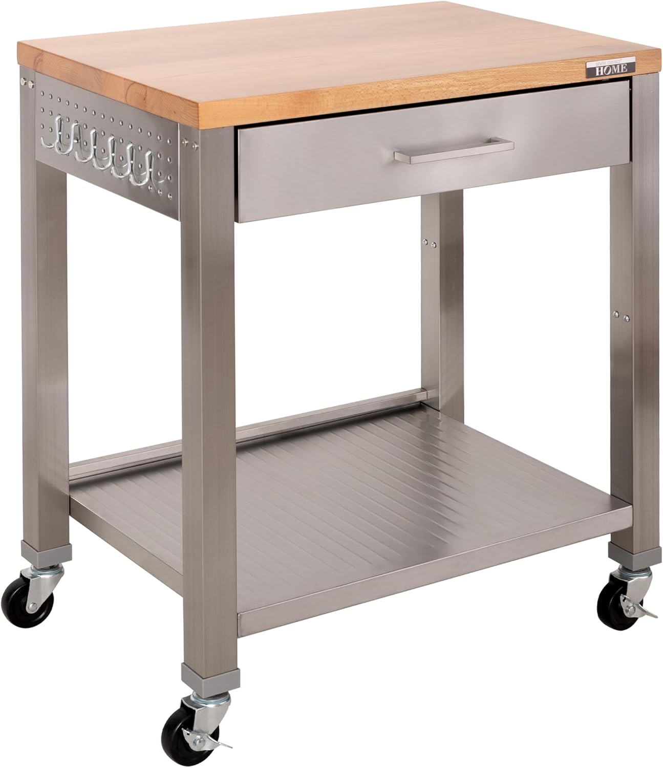 Stainless-Steel Commercial-Grade NSF-Certified Prep Table Cart, 24"W x 20"D | Heavy-duty durable utility workstation supports up to 450 lb w/ adjustable wire shelf and sliding basket on locking wheels