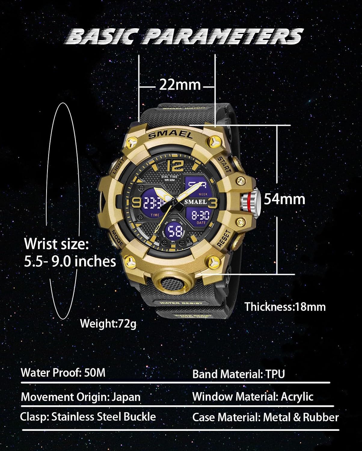 Gosasa Men's Large Face Outdoor Sports Watches Military S-Shock Watch Waterproof, Backlight, Alarm, Stopwatch Features - Rugged Wristwatch for Training, Hiking, and Adventure
