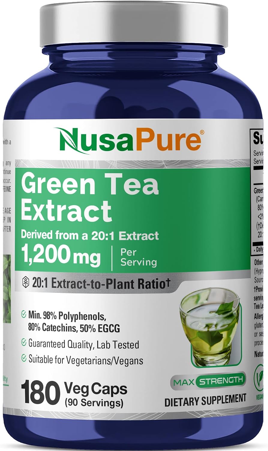 NusaPure Green Tea, 1200 mg, Non GMO, Vegan, 180 Veggie Caps - 90 Servings | Camellia Sinensis 20:1 Extract, Supports Nutritional Supplementation