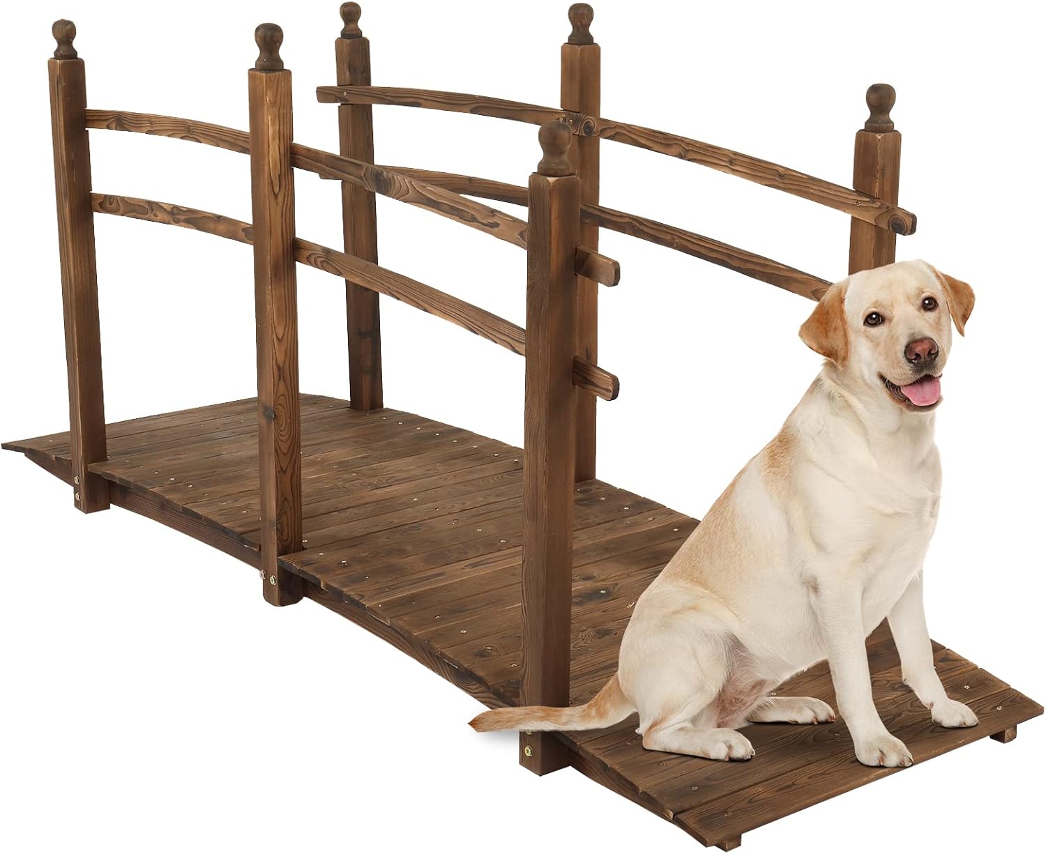 VINGLI 5 ft Garden Bridge, Classic Wooden Arch with Safety Rails Stained Finished Footbridge, Decorative Pond Landscaping, Backyard, Creek or Farm