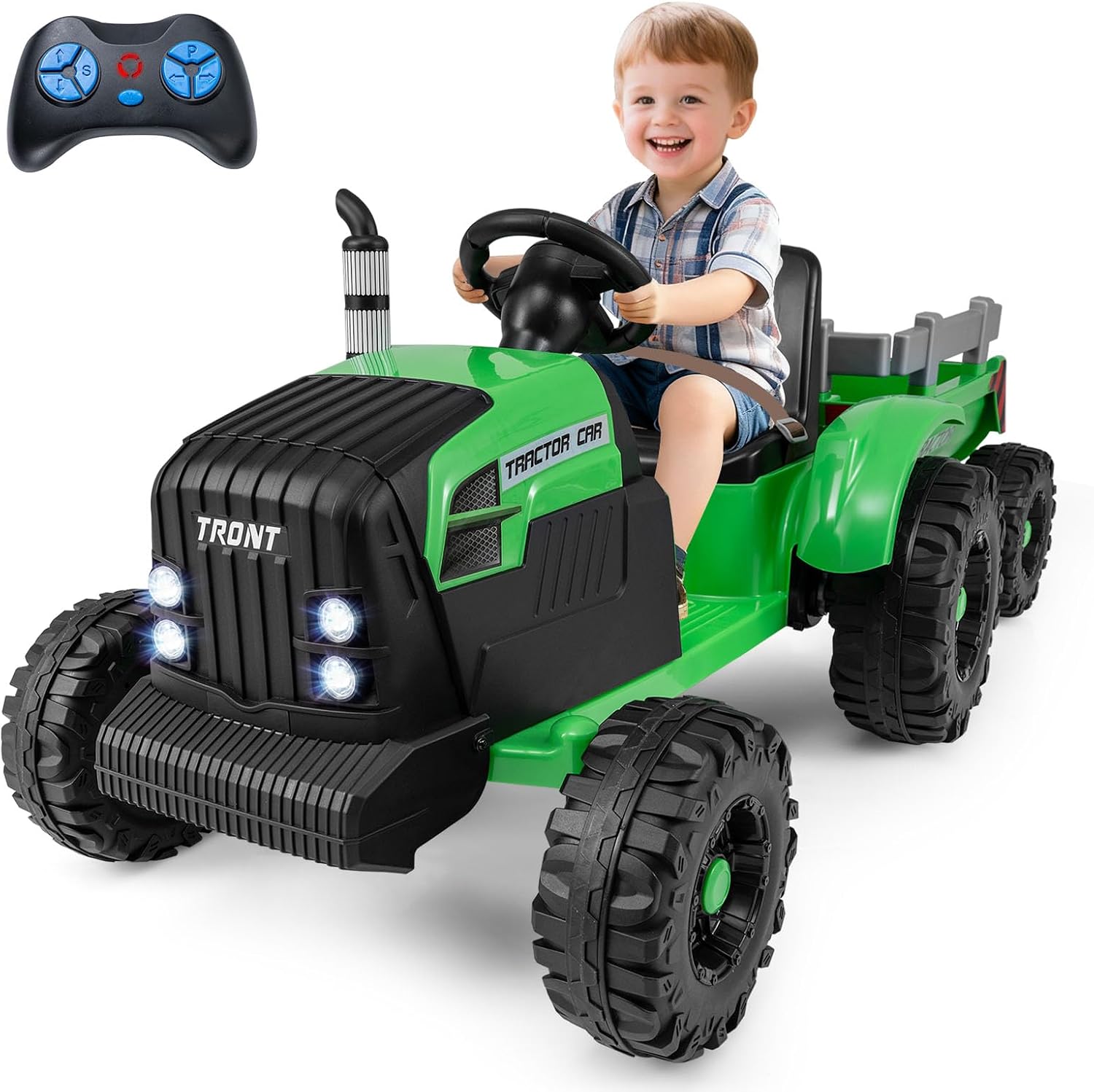 Costzon Ride on Tractor with Detachable Trailer, Kids' Electric Vehicles w/3-Gear-Shift Ground Loader, Wireless Design & USB, 7 LED Headlights