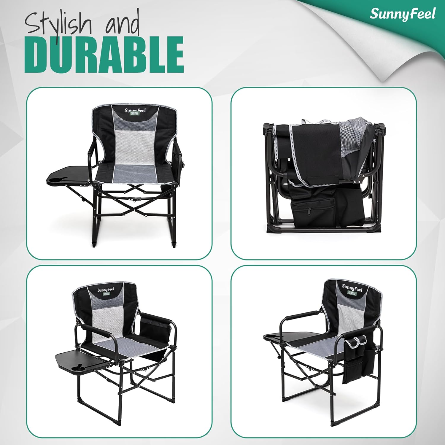 SUNNYFEEL Oversized Camping Directors Chair 500 LBS Heavy Duty, Portable Folding Chair with Side Table, Pocket for Beach, Fishing, Trip, Picnic, Lawn