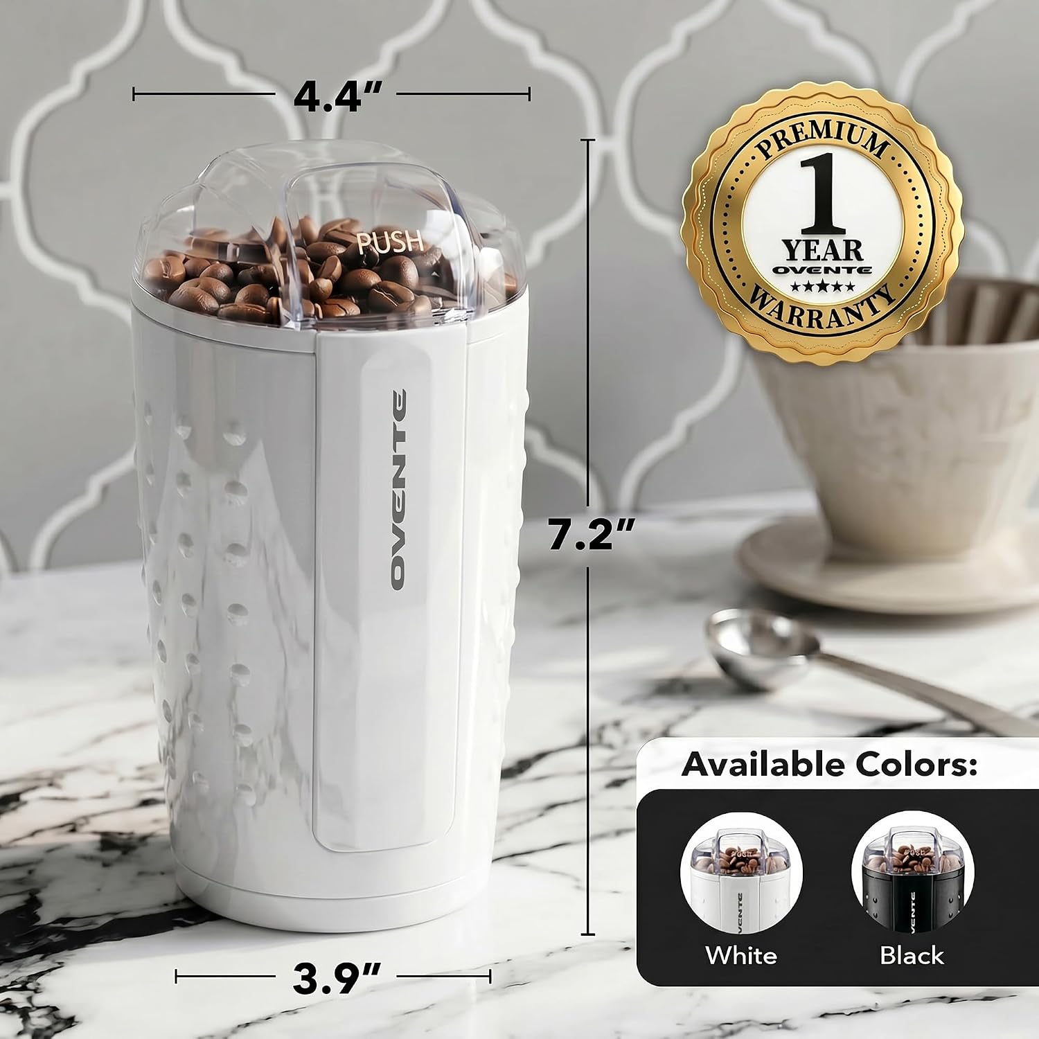 OVENTE Electric Coffee Grinder with One Touch Push-Button, White CG225W | 2.5oz Capacity, 150W Motor, Stainless Steel Blades for Uniform Grinding of Beans, Spices, Herb, Nuts & More, Safety Lock Lid