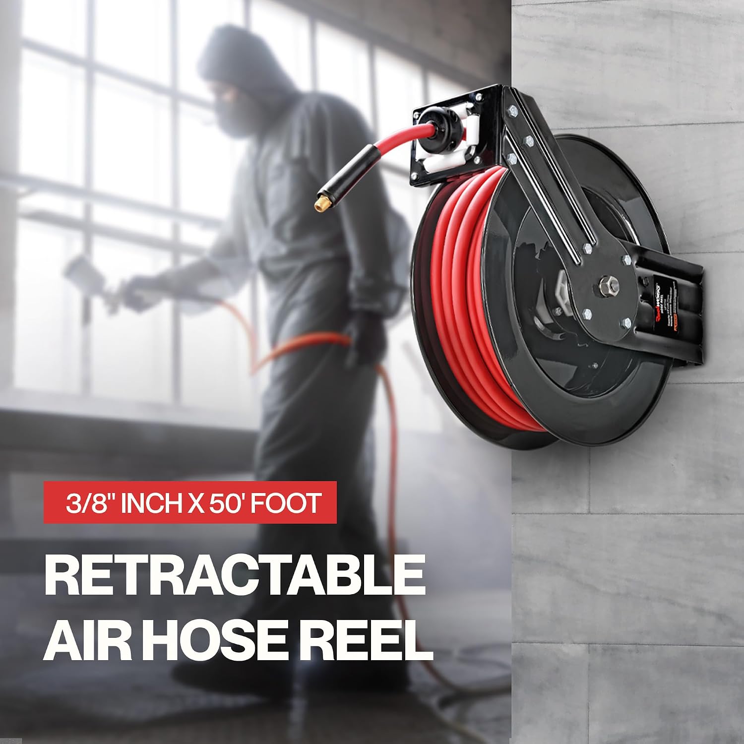 ReelWorks Retractable Air Hose Reel, 3/8" x 50 ft, 300 PSI, Hybrid | Keeps its hybrid hose flexible from -40°F to 176°F for year-round shop use
