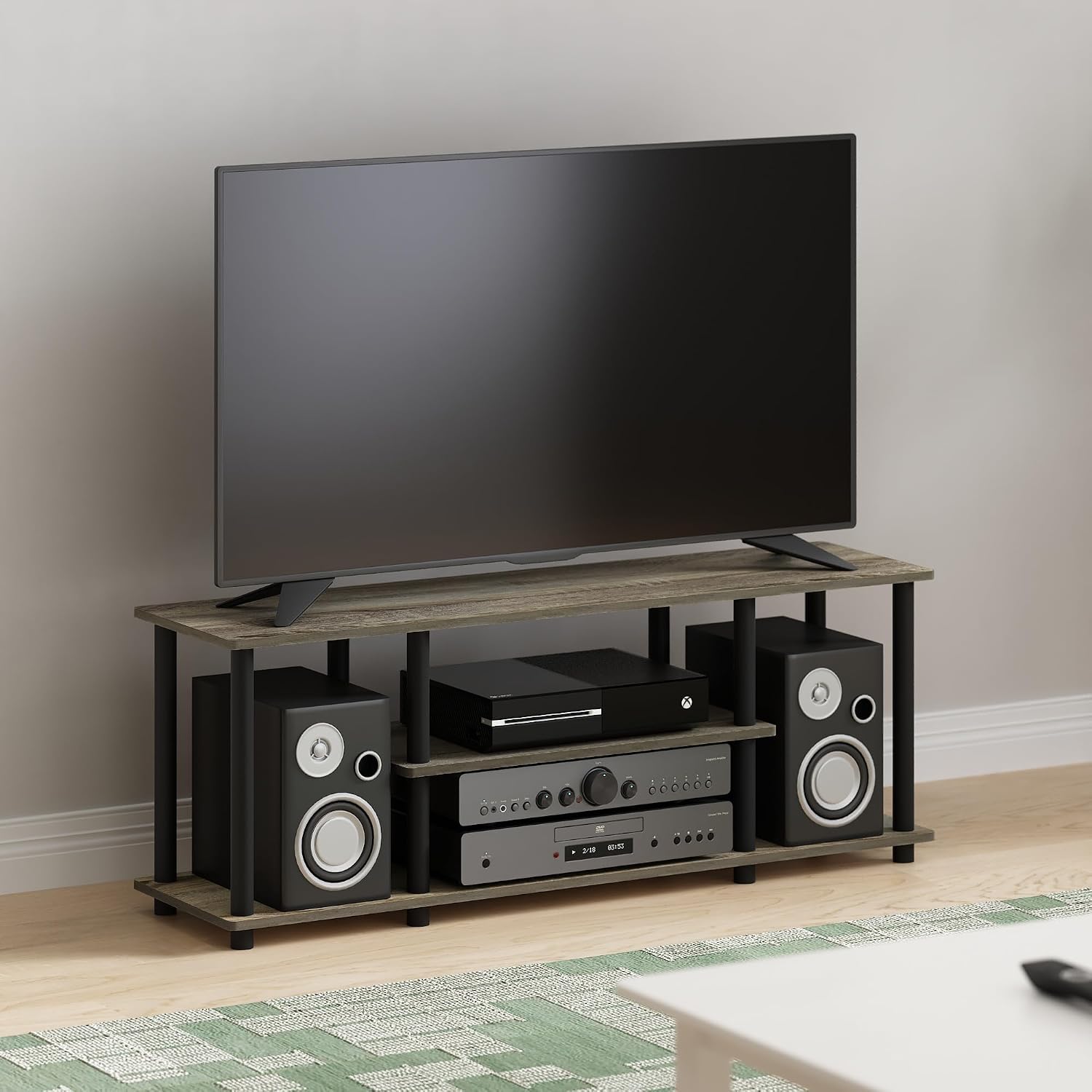 Furinno Turn-N-Tube No Tools 3D 3-Tier Entertainment TV Stand up to 50 inch TV, Round Tubes, French Oak Grey/Black | for TV up to 50 Inch, Open Frame Rectangular Entertainment Center with Storage Shelf, TV Console, for Living Room, Bedroom