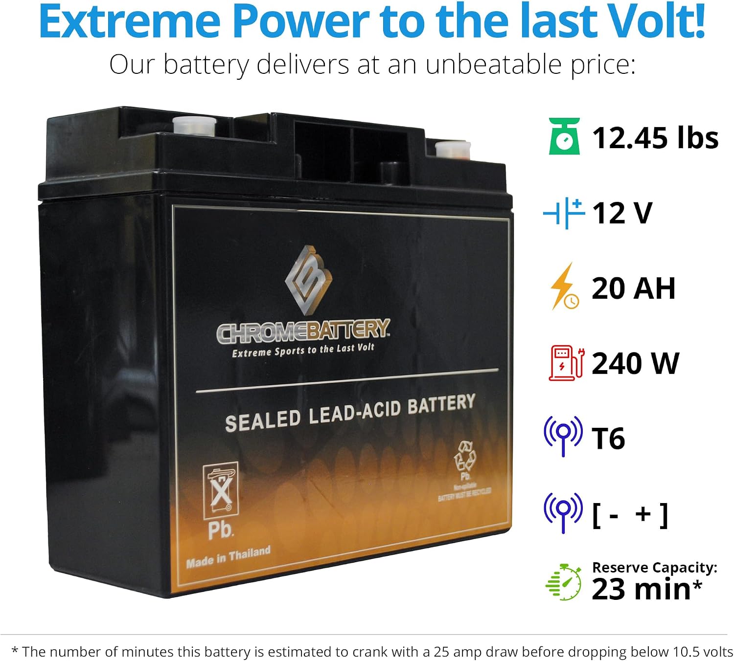 CB CHROMEBATTERY 12V 20AH T6 Maintenance-Free Battery for Alarm Systems, Scooters, Toys, Emergency Lights, and More - Threaded (T6) Terminal