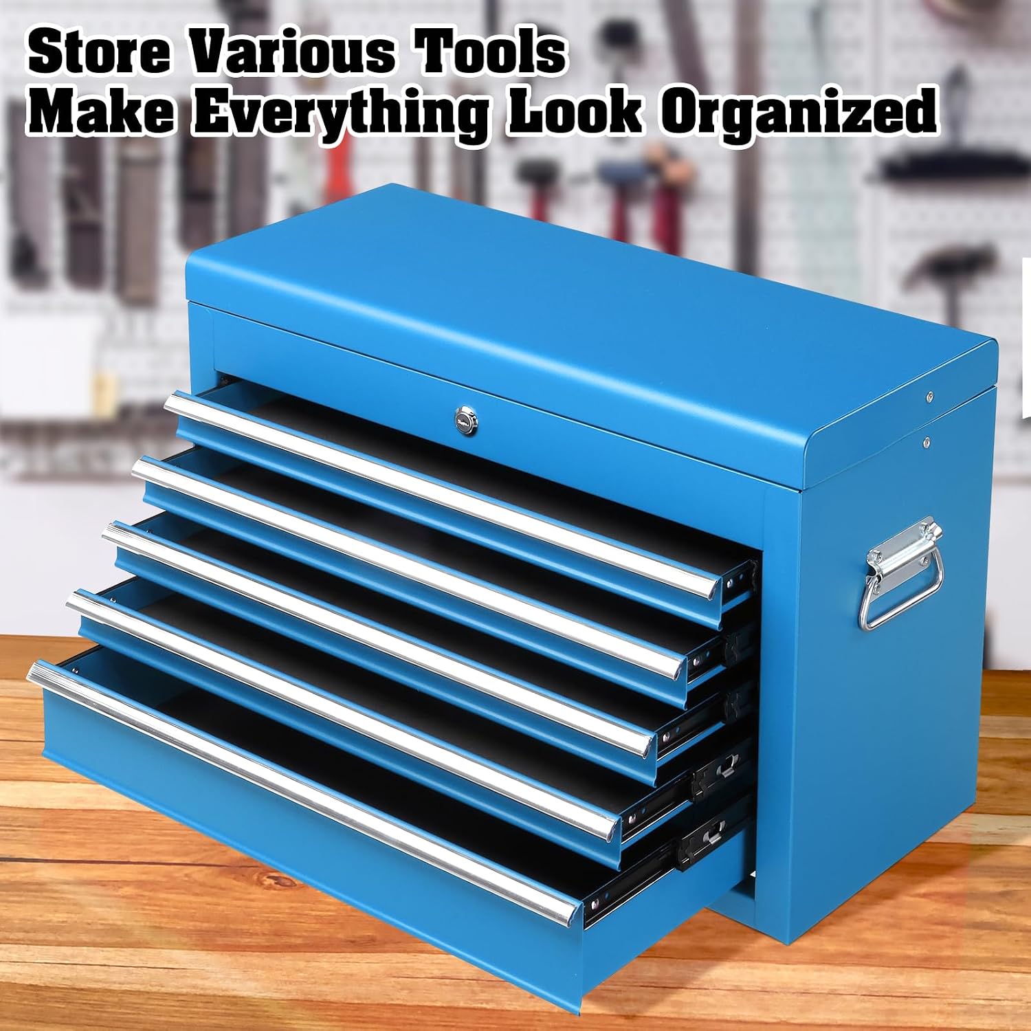 24" Metal Portable Tool Box with 5 Drawers, Lockable, Red | ToolBox with Top Storage Tray, Carry Handle, Ball Bearing Runners, Tool Chest Cabinet for Garage, Warehouse, Repair Shop