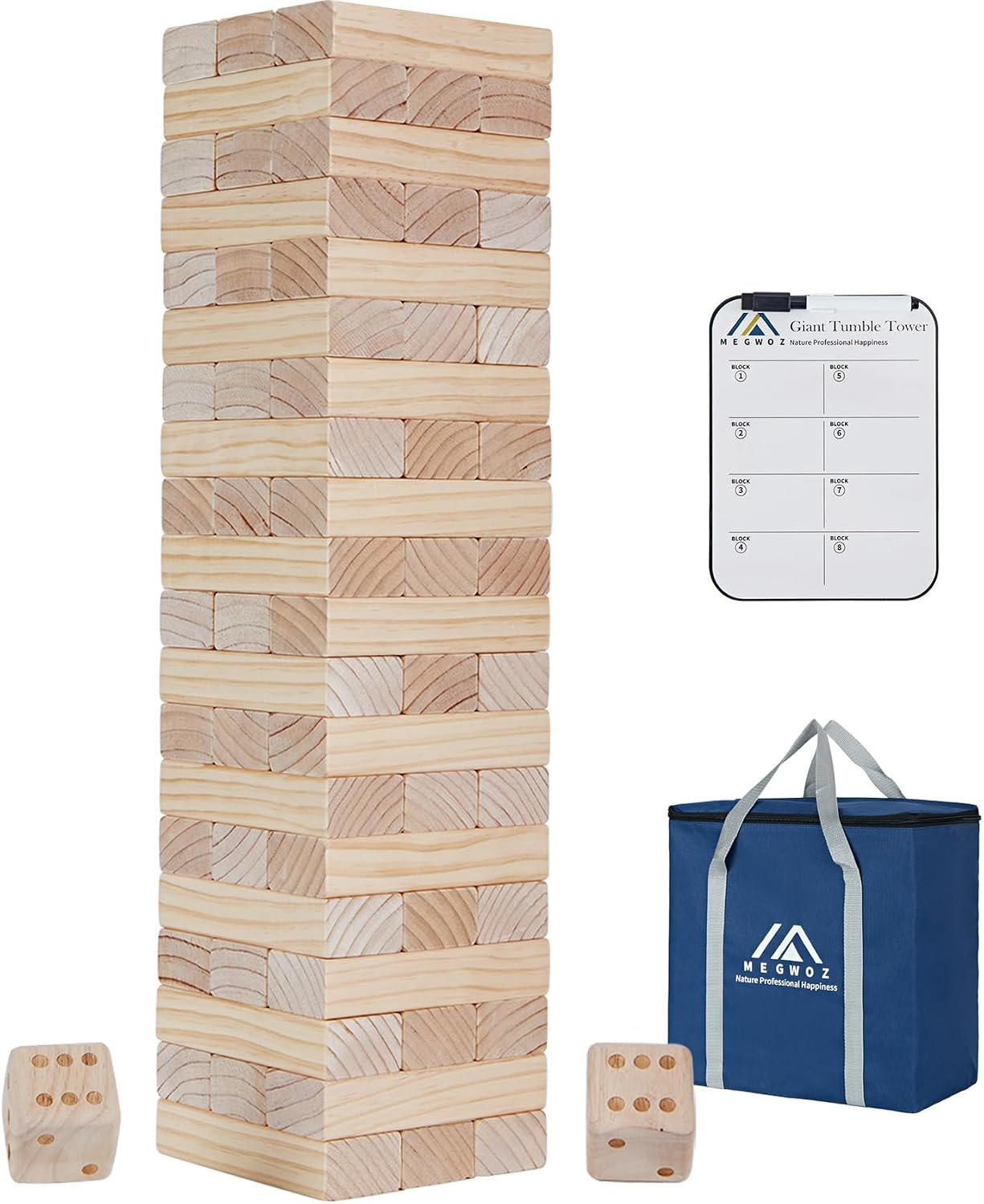 Megwoz Giant Tumble Tower Games for Kids and Adults 57 Blocks New Zealand Pine Wooden Blocks Stacking to Over 4.2FT Family Game for Indoors Outdoors