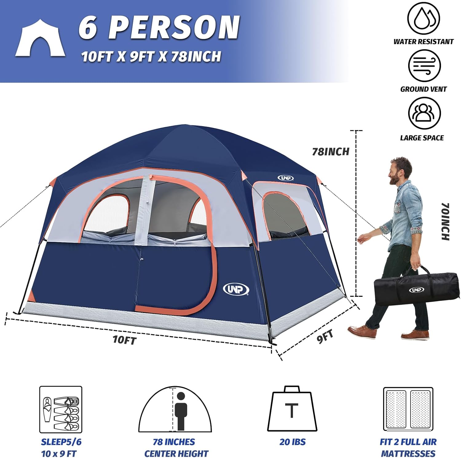 UNP 6 Person Tents for Camping Waterproof Family Cabin Tent with Rainfly