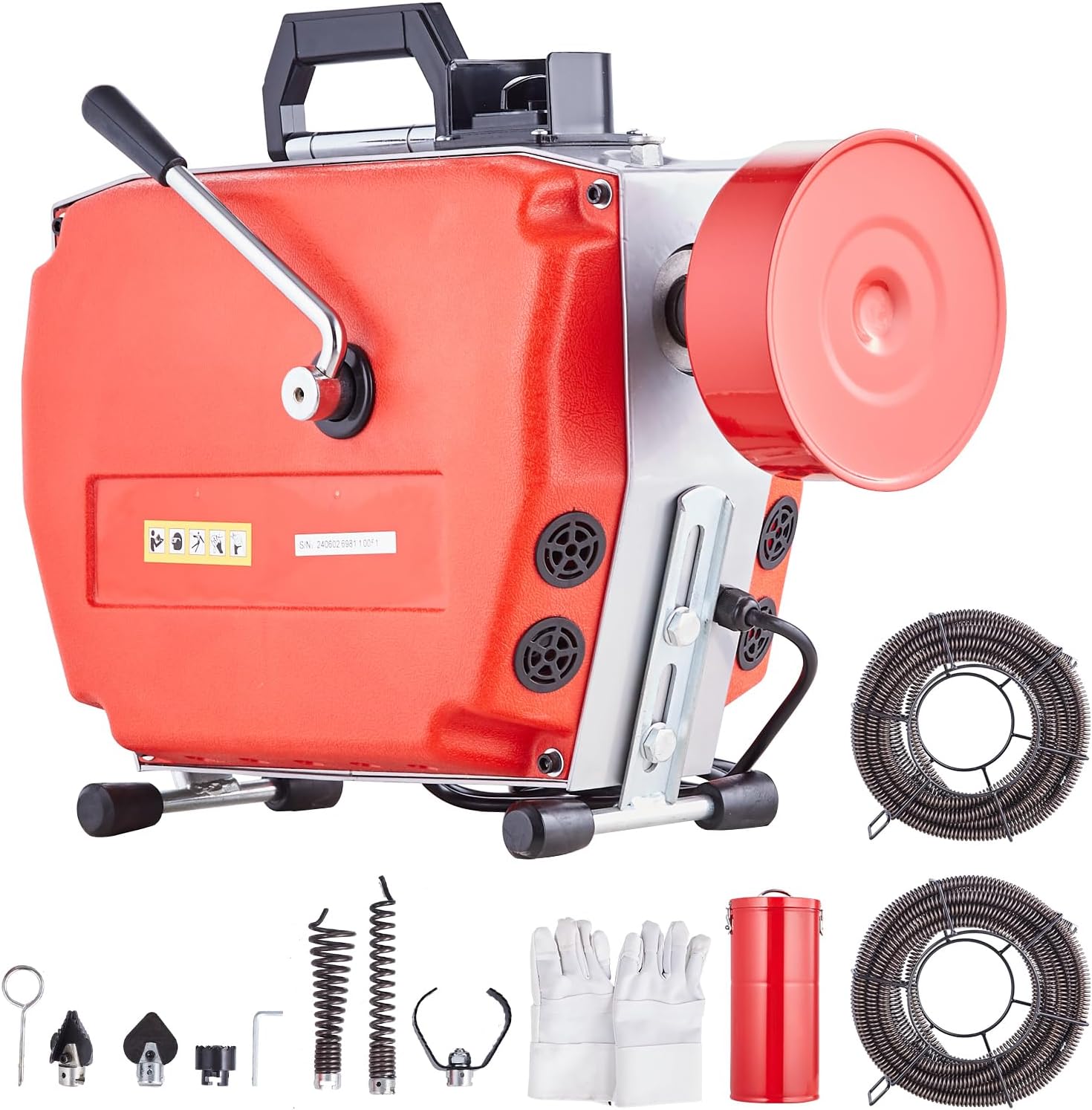 VEVOR 66FT x 5/8 Inch Drain Cleaner Machine, 250W Electric Sewer Snake Auger Manual Feed - with 7 Cutters, 2 Steel Cables (66' x 5/8" and 15' x 3/8")& CW/CCW Control for 1.6" to 4" Pipes