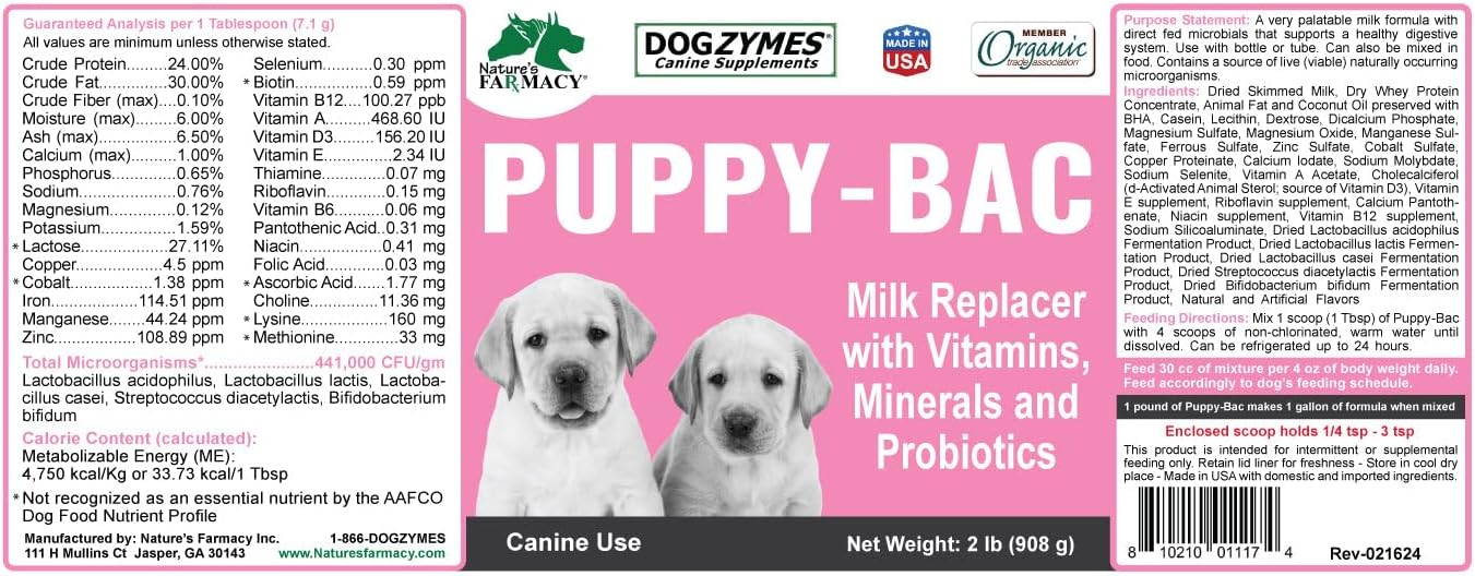 Dogzymes Puppy-Bac Milk Replacer formulated with The Proper ratios of Protein, Fat and nutrients for Growing Puppies (8 Ounce)