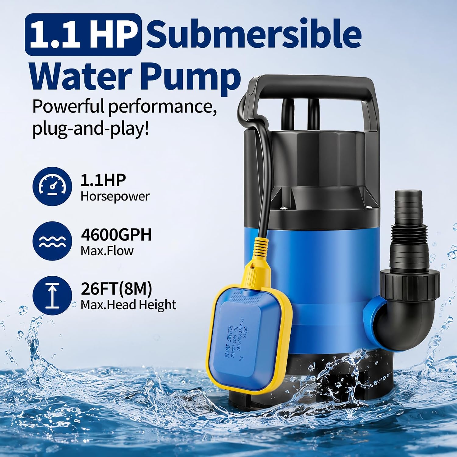 1.1HP Submersible Sump Pump, 4600 GPH Electric Water Pump with Automatic Float Switch, Portable Utility Pump for Pool Draining, Basement
