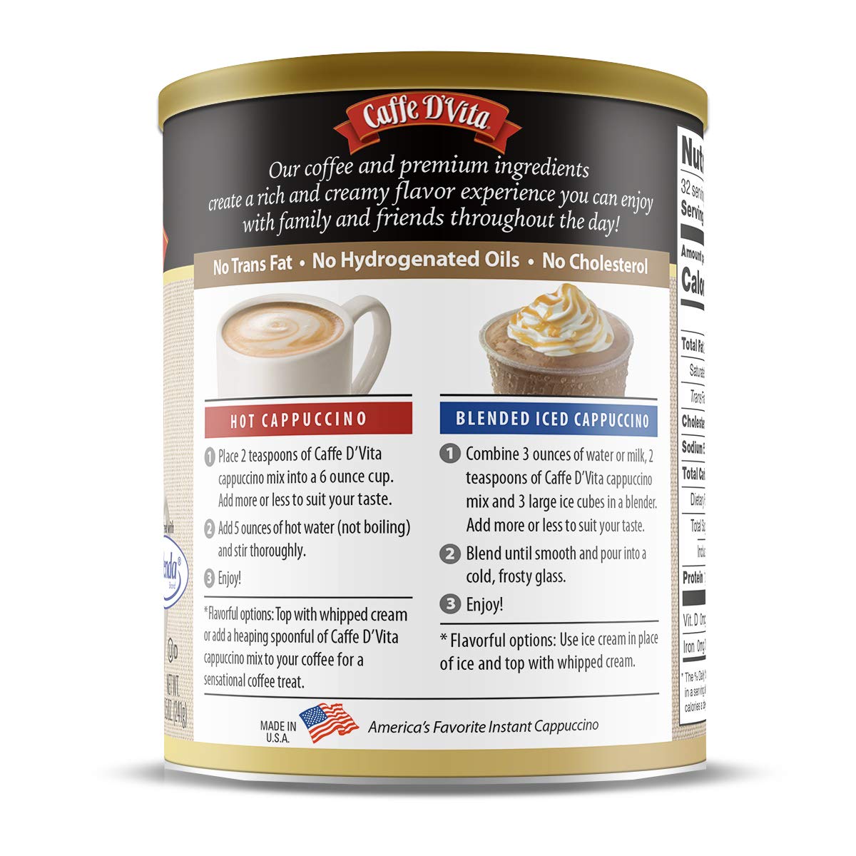 Caffe D'Vita Mocha Cappuccino Mix - 4 lb can (64 oz.) | Instant Cappuccino Mix, Gluten Free, No Cholesterol or Trans Fat, 99% Caffeine Free, Mocha