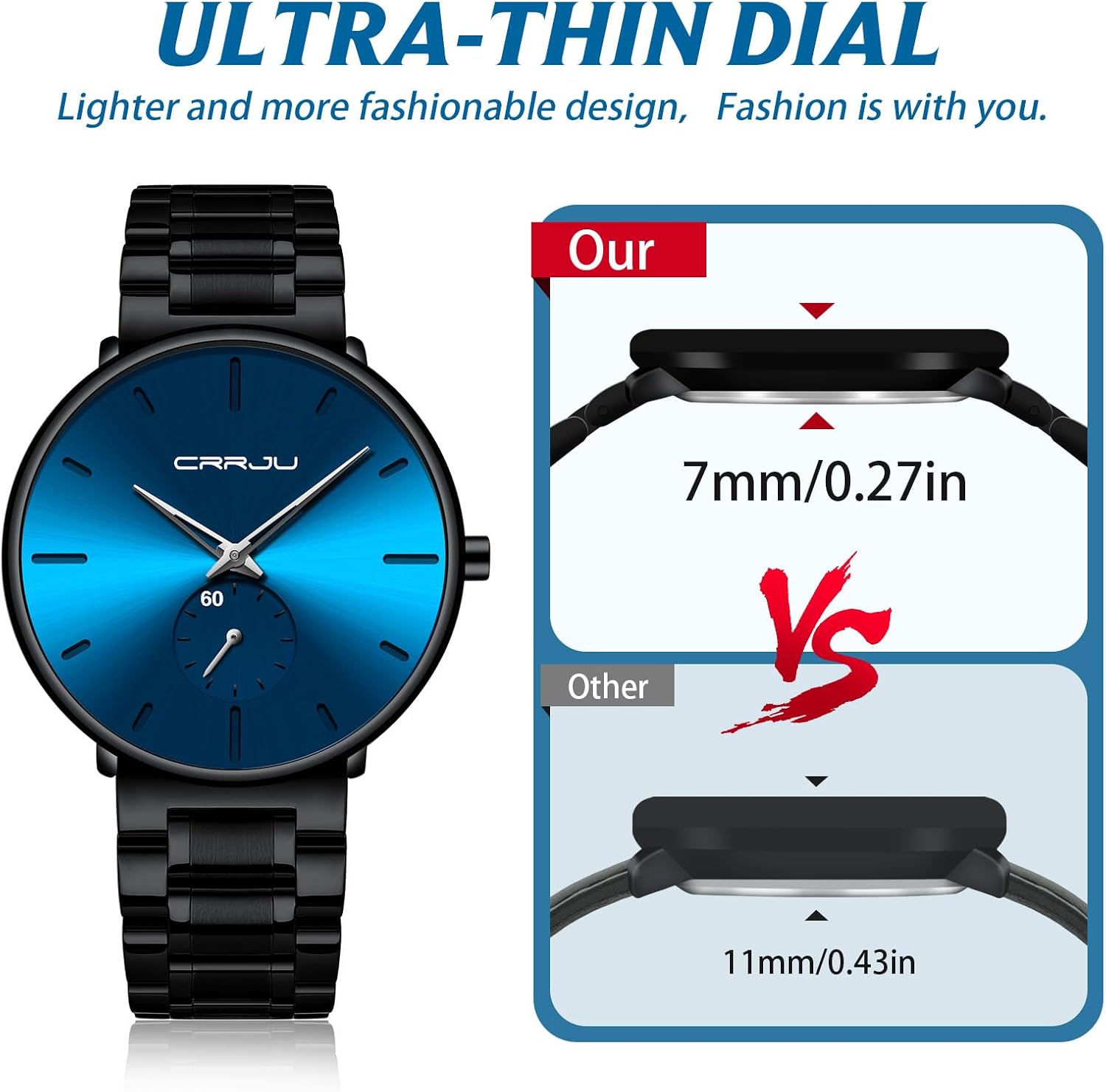 Mens Watches Ultra-Thin Minimalist Waterproof-Fashion Wrist Watch for Men Unisex Dress with Stainless Steel Band-Black Hands