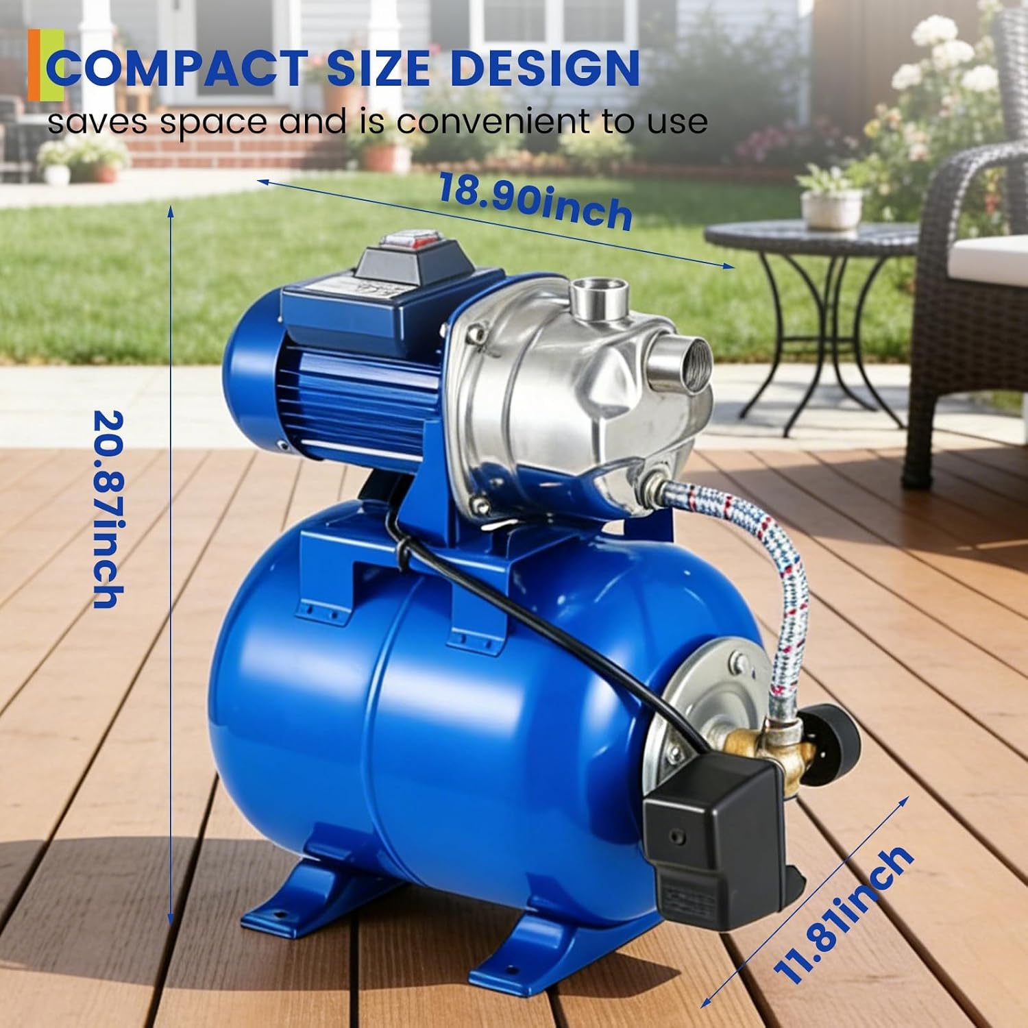 1HP Stainless Steel Water Transfer Pump with Well Pressure Tank – Shallow Well Pump & Irrigation Pump Combo, 130ft Max Lift, 20ft Suction Lift, Automatic Pressure Switch for Farm Use