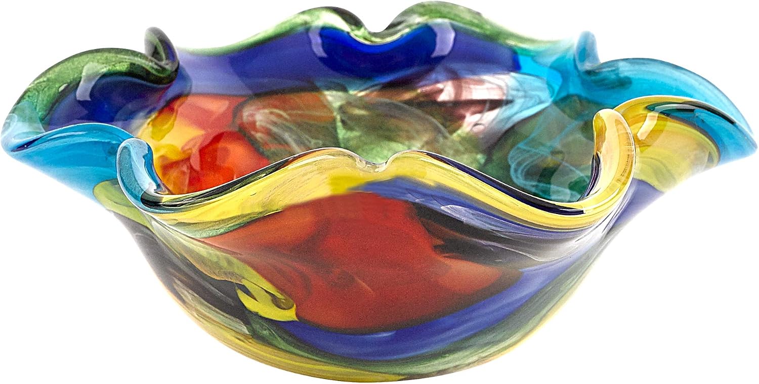 Badash Stormy Rainbow Art Glass - Murano-Style Art Glass Bowl Centerpiece - 8" Mouth-Blown Glass Bowl - Decor Bowl Centerpiece Home Decor Accent