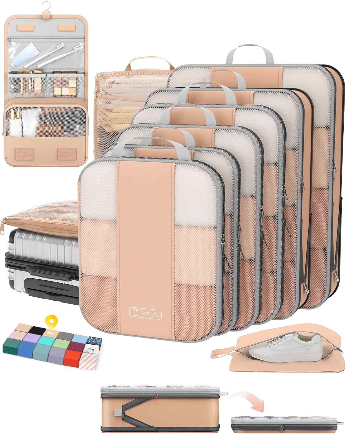 OlarHike 10 Set Compression Packing Cubes for Travel Essentials,Compressible Expandable Space Saver Bags for Organizing Clothes,Luggage Suitcase Garment Bags with Over 1000 pcs Mesh Holes(Black)