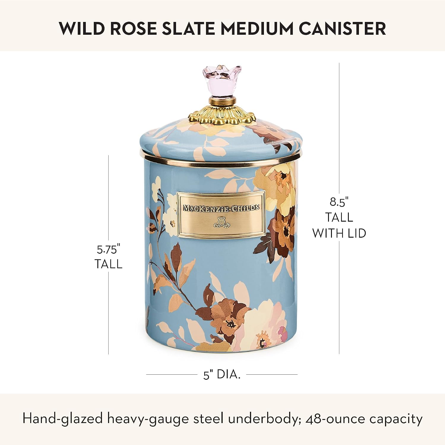 MACKENZIE-CHILDS Enamel Canister, Medium, White Butterfly Garden | Hand-applied design, made from enameled steel, versatile kitchen storage container for flour and sugar, 48-ounce capacity