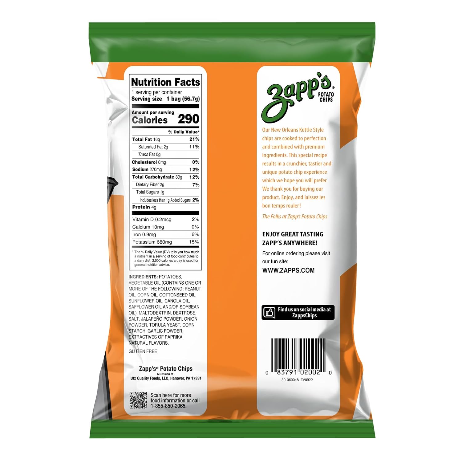 Zapp’s New Orleans Kettle-Style Potato Chips Hotter n Hot Jalapeno Flavor (2 oz Bags, 25 Count), Crunchy Chips with a Spicy Kick, Perfect On-The-Go, Gluten Free Snack