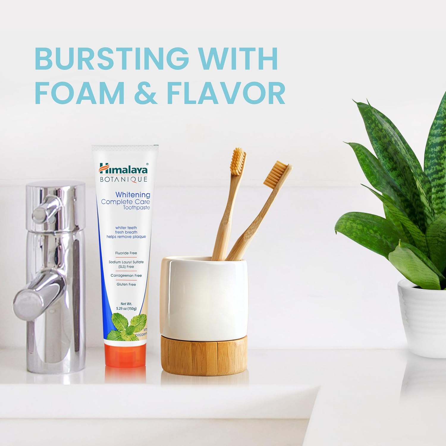 Himalaya Botanique Whitening Complete Care Toothpaste, Teeth Whitening, Fights Plaque, Fluoride Free, No Artificial Flavors, SLS Free, Cruelty Free, Foaming, Simply Mint Flavor, 5.29 Oz, 4 Pack