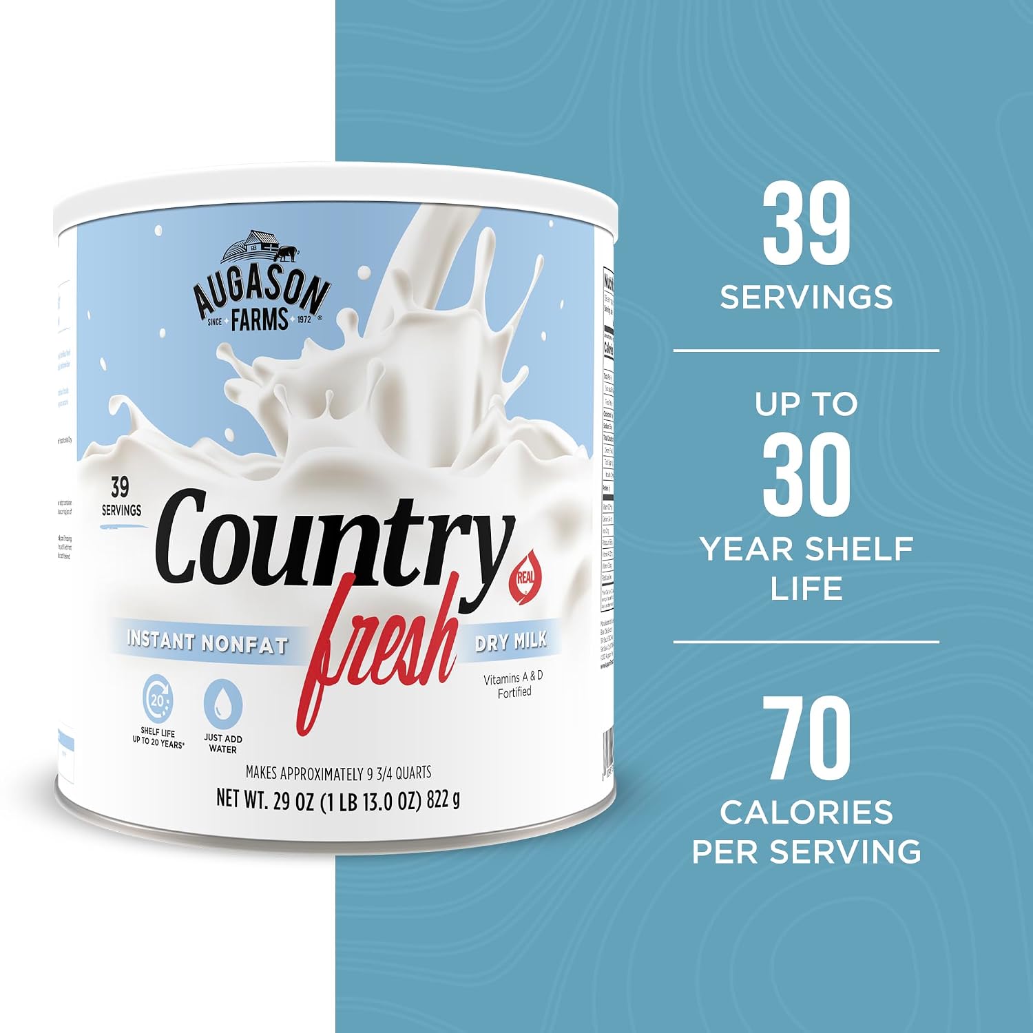 Augason Farms Country Fresh Instant Nonfat Dry Milk Powder | 39 Servings, 20 Year Shelf Life, Gluten Free