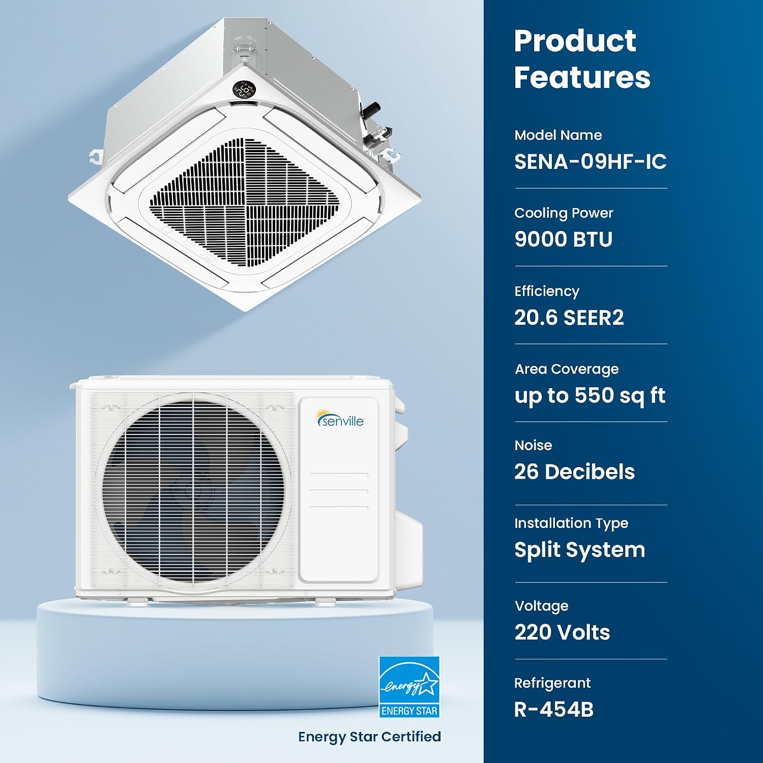 Senville Ceiling Cassette Mini Split AC/Heating System, Inverter, 18000 BTU | 208/230V, Energy Star Certified, AHRI Certified, 16ft Line Set Included, Heat Pump