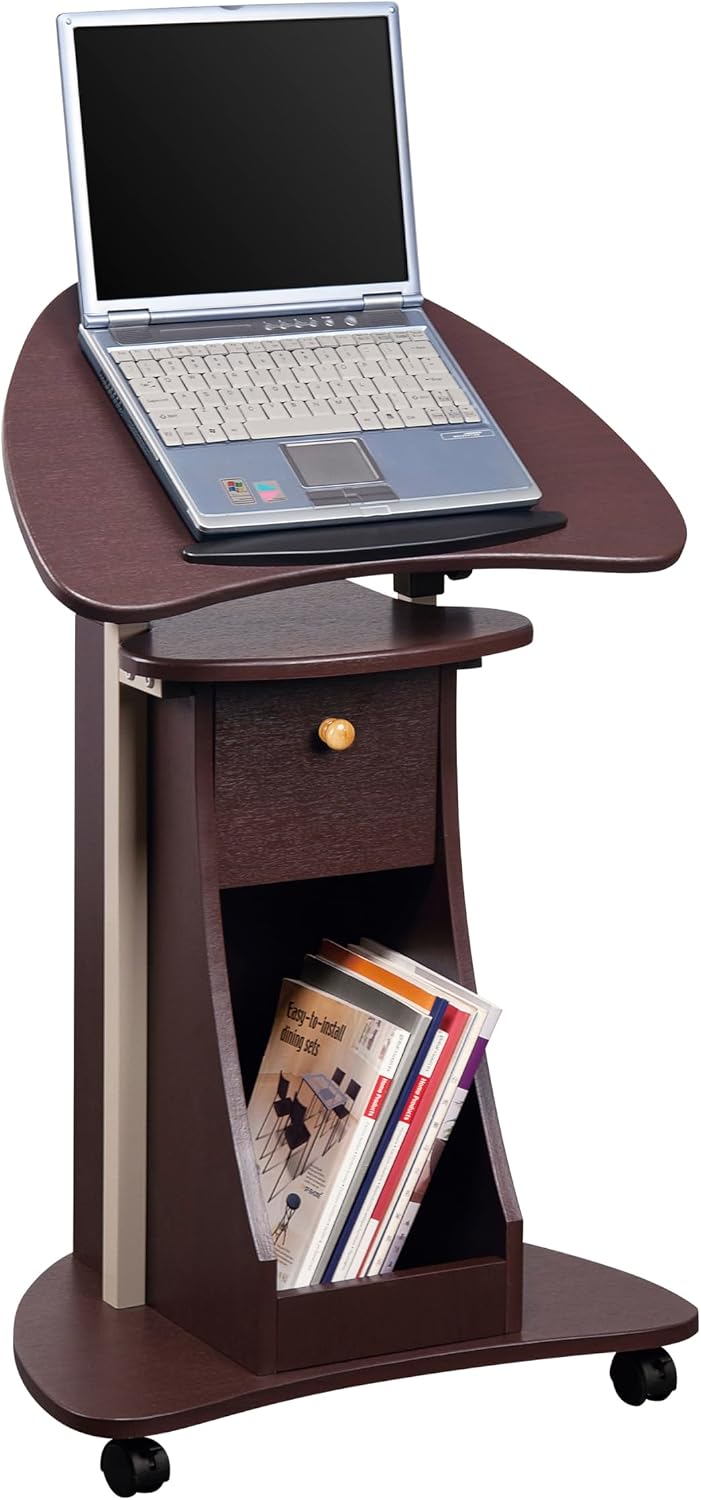 Techni Mobili Adjustable Height Rolling Laptop Cart with Storage, Graphite | Adjustable height rolling laptop cart with storage drawer, open shelf, wheels, sit‑stand design for office or medical use