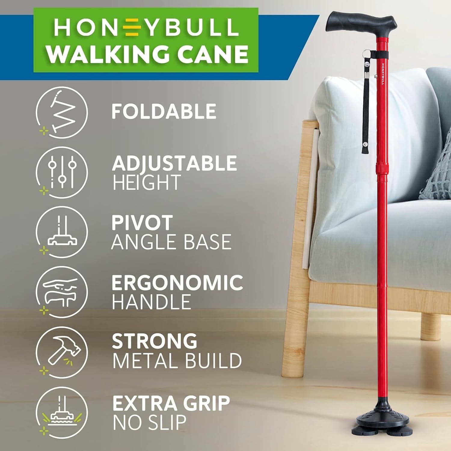 HONEYBULL Walking Cane for Men & Women, Foldable Free Standing Cane | Adjustable height, collapsible design, heavy-duty, pivot base for stable support, ergonomic handle