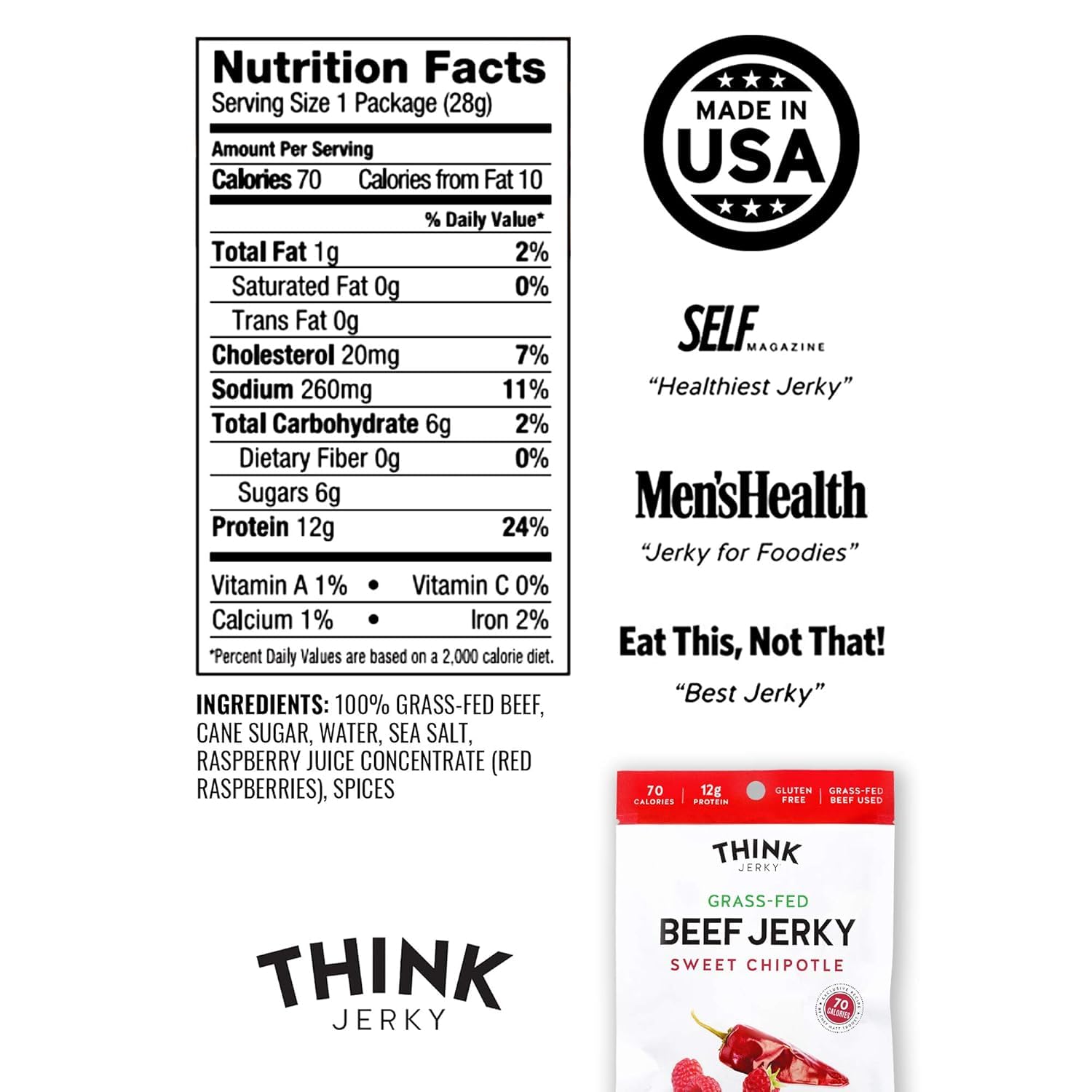 Think Jerky Sesame Teriyaki Beef Jerky, Grass-Fed High Protein Beef Jerky, Gluten Free, No Antibiotics or Nitrates, Healthy Chef Crafted Recipe, Low Calorie and Low Fat - 2.2 oz Bags, 4 Pack