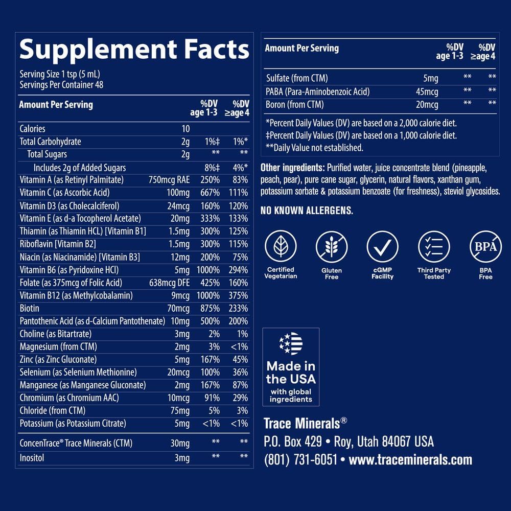 Trace Minerals Children’s Multivitamin Liquid, Tropical Punch, 8 fl oz | Full-spectrum ionic trace minerals, Zinc immune support
