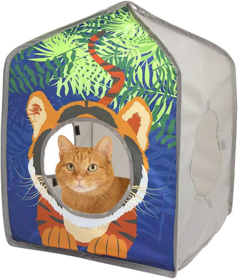 Kitty City Safari Jungle Pop-Up Cat Cube, Collapsible Indoor Cat Hideout & Play Cube with Peekaboo Openings, Easy Storage, 15” x 15” x 15”