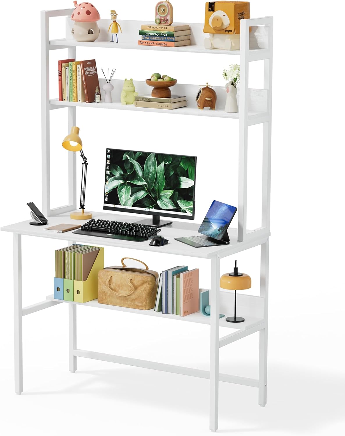 Aquzee Computer Desk with Shelves, 47" W x 23.6" D Gaming Desk with Hutch and Bookshelf